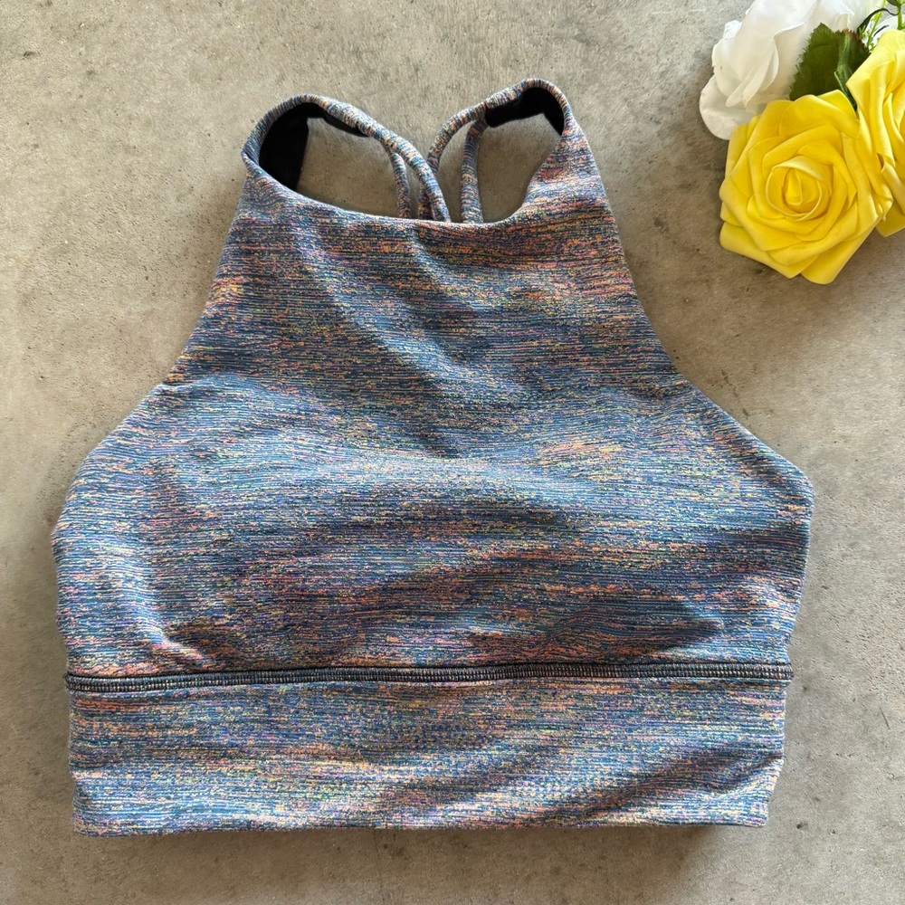Lululemon Energy Bra Size 4 Blue Pink Halter Neck Padded Lined Racerback Logo